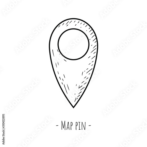 Map pin. Vector cartoon illustration. Isolated object on a white background. Hand-drawn style.