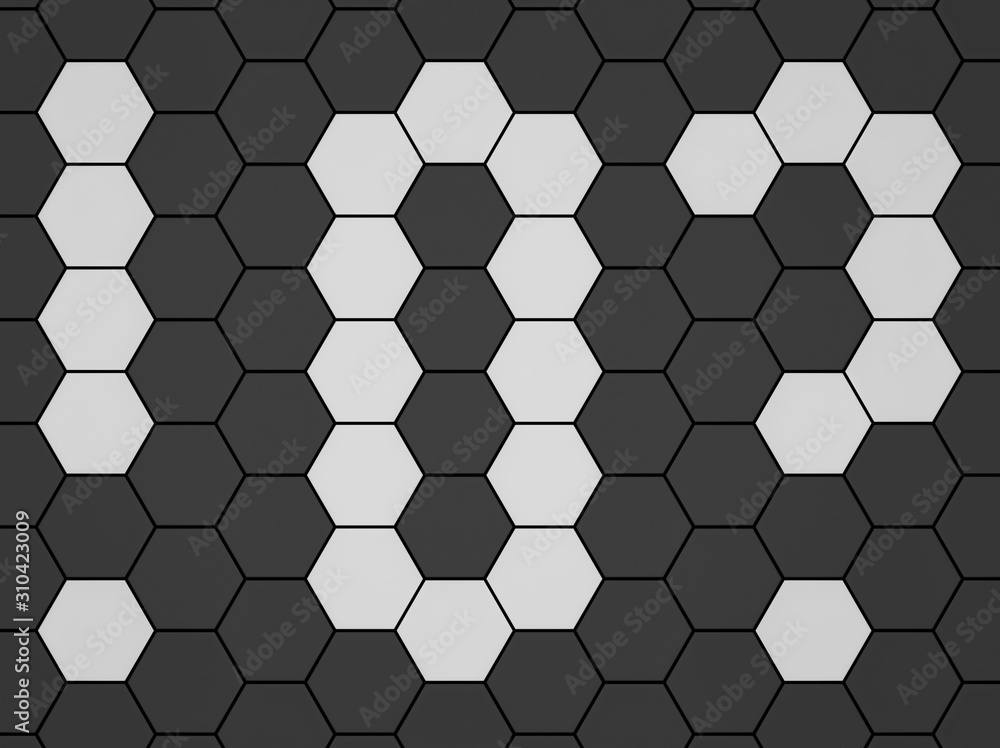White number 0, question mark and exclamation mark in black hexagonal grid pattern 3d rendering, 3d illustration White number 0, question mark and exclamation mark in black hexagonal grid pattern 3d rendering, 3d illustration