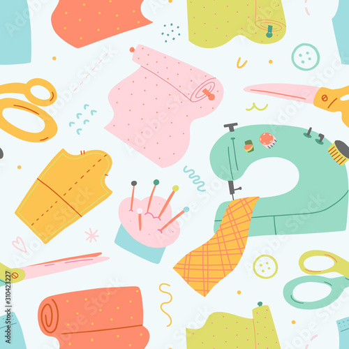 Seamstress background with sewing tools and accessories, handmade tailoring craft, modern hand drawn colored illustrations, seamless vector pattern, creative pastel color backdrop for workshop, atelie