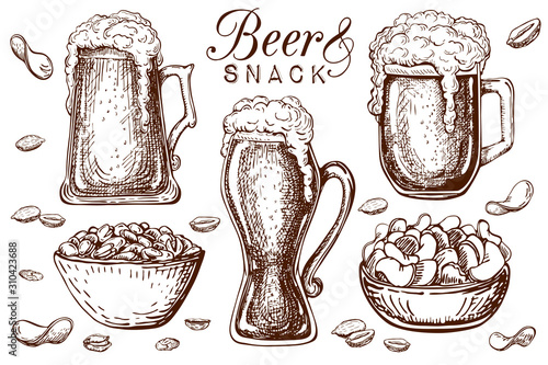 hand drawn beer and snacks collection isolated on white. Bar or Pub food set in vintage style. Beer mugs with liquid dropping froth and peanuts, pistachios, chips. craft beer food and appetizer in bar