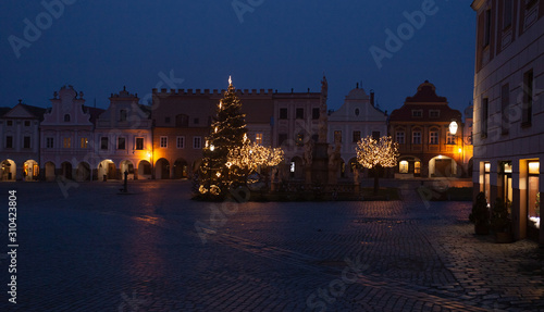 Telč square at night with christmass tree. Historic town in Czech Republic. Czechia