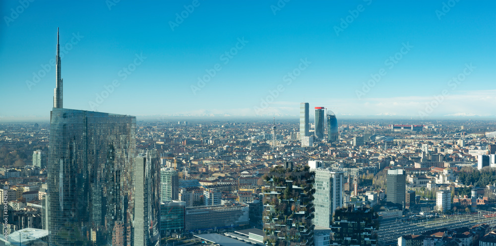 Milan cityscape, panoramic view with new skyscrapers in Porta Nuova district. Italian landscape.