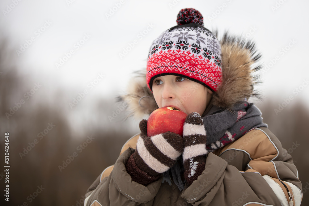 Child in the winter with fruit. Boy eating a red apple Child in the winter with fruit. Boy eating a red apple