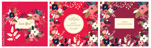 Floral collection of cards, invitations, posters. Valentines Day greetings. Set of Valentines day cards. Vector illustration of girl in love. Flyer, card, banner, brochure