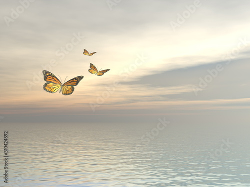 Canvas Print Three monarch butterflies flying upon the ocean - 3D render