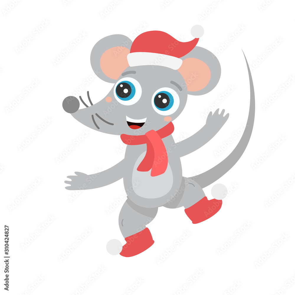Cute mouse in a Christmas Santa costume and scarf dancing. Smiling with big eyes. flat cartoon vector illustration