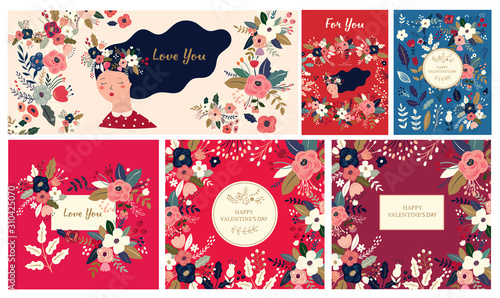 Big Floral collection of cards, invitations, posters. Valentines Day greetings. Set of Valentines day cards. Vector illustration of girl in love. Flyer, card, banner, brochure