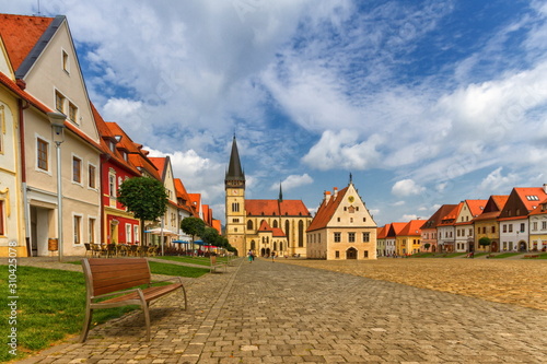 St. Egidius Basilica and city hall in old city of Bardejov, Slovakia photo