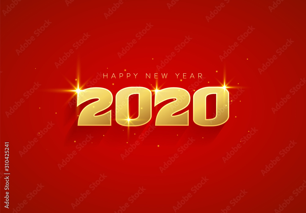 Elegant and luxury Happy New Year 2020 lettering with gold color on red background. Beautiful Golden Happy New Year greeting design for wallpaper, background, banner, poster and card. 