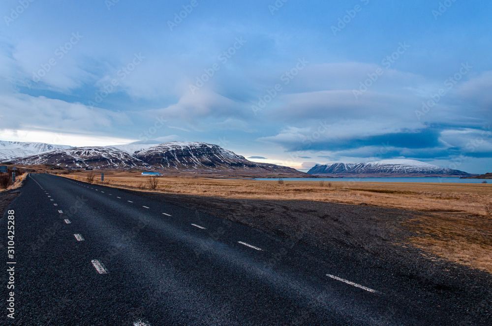 Traditional empty, quiet, calm, clean, beautiful, spectacular roads of Iceland amid fairytale landscapes. The Ring Road 1 of Iceland