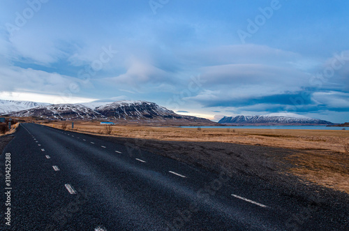 Traditional empty, quiet, calm, clean, beautiful, spectacular roads of Iceland amid fairytale landscapes. The Ring Road 1 of Iceland