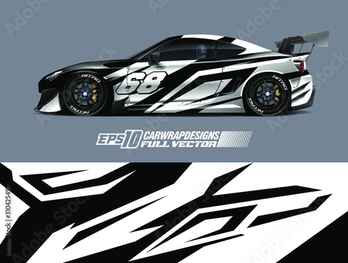 Racing car wrap design vector. Graphic abstract stripe racing background kit designs for wrap vehicle, race car, rally, adventure and livery. Full vector eps 10