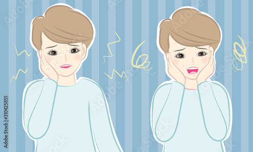 肌のニキビが気になって笑えない女子のベクターイラスト