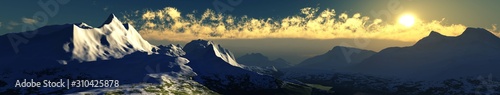 Panorama of mountains in the snow at sunset, snowy landscape, 3D rendering.