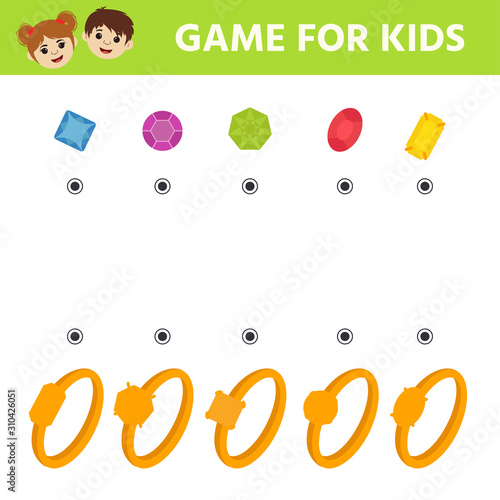 Game for Preschool Children. Pick up a ring and a gem according to a figure. Worksheet. logic puzzle