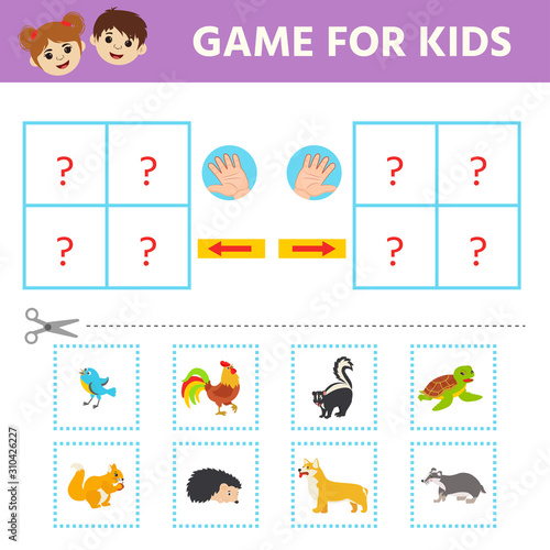 Game for Preschool Children. Find a match. Left or right? Activity page for kids. logic puzzle