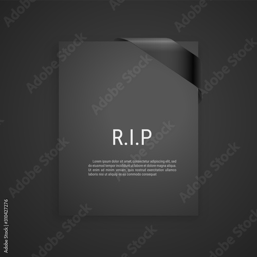 Mourning frame, funeral gray dark card, Diagonal Black Ribbon. Vector modern design element