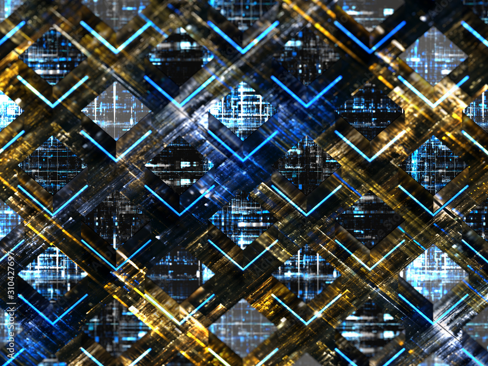 Obraz premium Wallpaper of futuristic metallic cubes, reflecting network of quantum algorithms, with depth of field