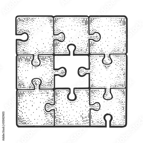 Solved puzzle without one missed piece sketch engraving vector illustration. T-shirt apparel print design. Scratch board imitation. Black and white hand drawn image.