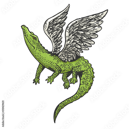 Fantastic fabulous flying crocodile with wings animal sketch engraving vector illustration. T-shirt apparel print design. Scratch board style imitation. Black and white hand drawn image.