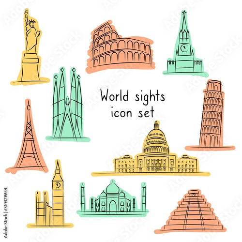 World attractions collection. Travel icon set. Hand drawn graphic.