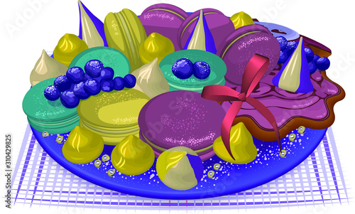 Plate with cookie. Decorated with cakes. On a white background.