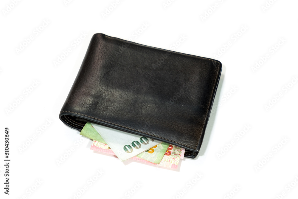brown leather wallet with thai banknotes on white background. brown leather wallet with thai banknotes on white background.