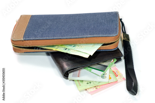 Wallpaper Mural brown leather wallet with credit card (visa) and thai banknotes isolated on white background. Wallet with cash and credit card. Choose to buy or shoping. Torontodigital.ca