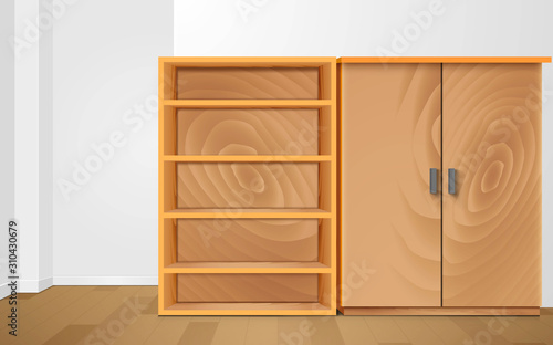 wooden wardrobe and wooden showcase in the white room