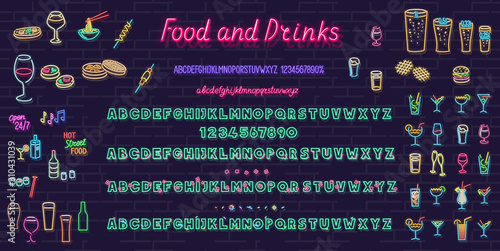 Neon food and drink set. Isolated for logo, poster, banner. Headline and small condensed uppercase letters.