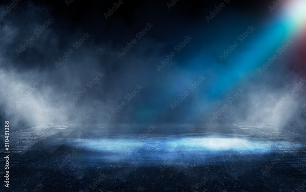 Texture of dark concrete floor with fog or fog. Dark street, neon light. Texture of dark concrete floor with fog or fog. Dark street, neon light.