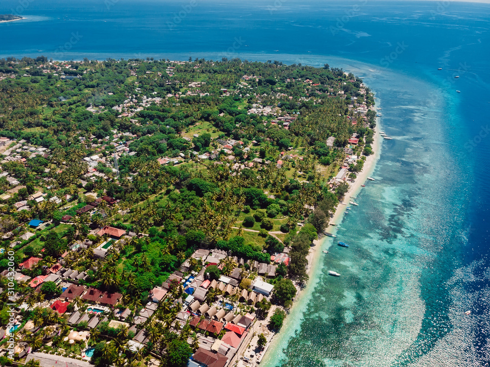 Aerial view with Gili island and ocean, drone shot. Gili Air