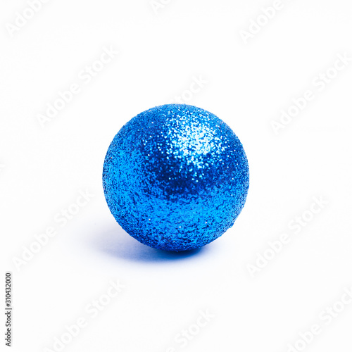 blue Christmas ball on white background, sequin ball isolated,
