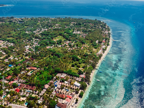 Aerial view with Gili island and ocean, drone shot. Gili Air