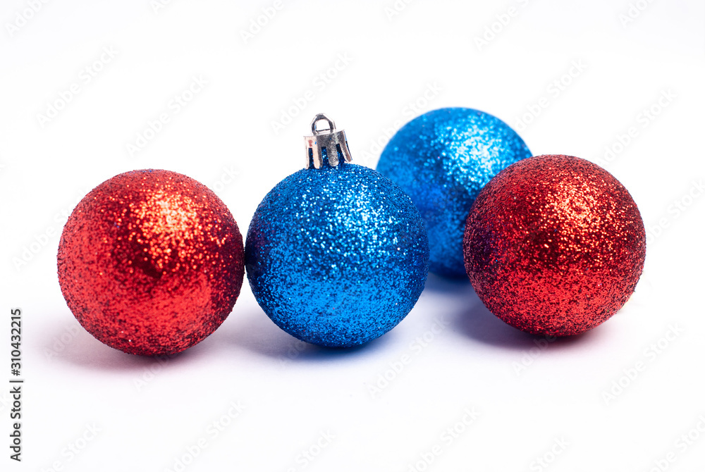 Simple blue and red Christmas balls on white background,
