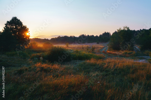 Early foggy morning with beatiful sun near the Desna river, Ukraine 