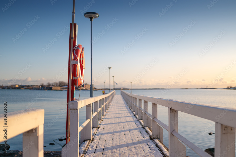 Helsinki Finland. Winter pier. Foreground in focus. The background blurred