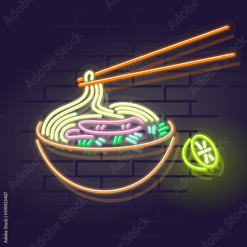 Neon pho bo bowl icon on brick wall background. Vietnamese cuisine, asian noodle soup. Vector isolated illustration for restaurant menu or flyer.
