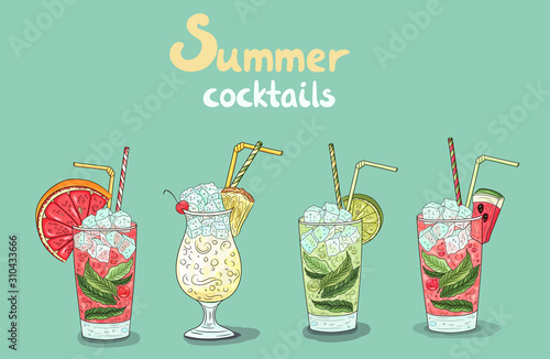 Summer cocktails collection. Fresh drinks set. Lemon, orange, peppermint, ice, grapefruit, lime. Tasty juicy  isolated vector drinks.