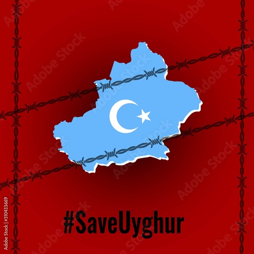 Vector illustration of save Uyghur with an uyghur map and barb wire. Solidarity with Uyghur.  photo