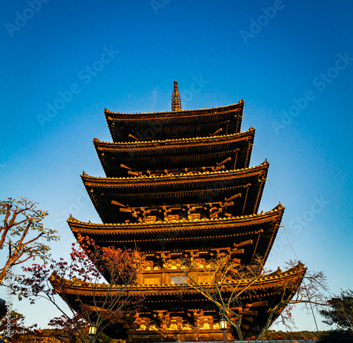 Yasaka Pagoda and Hokan-ji temple in the evening at Kyoto, Japan. photo