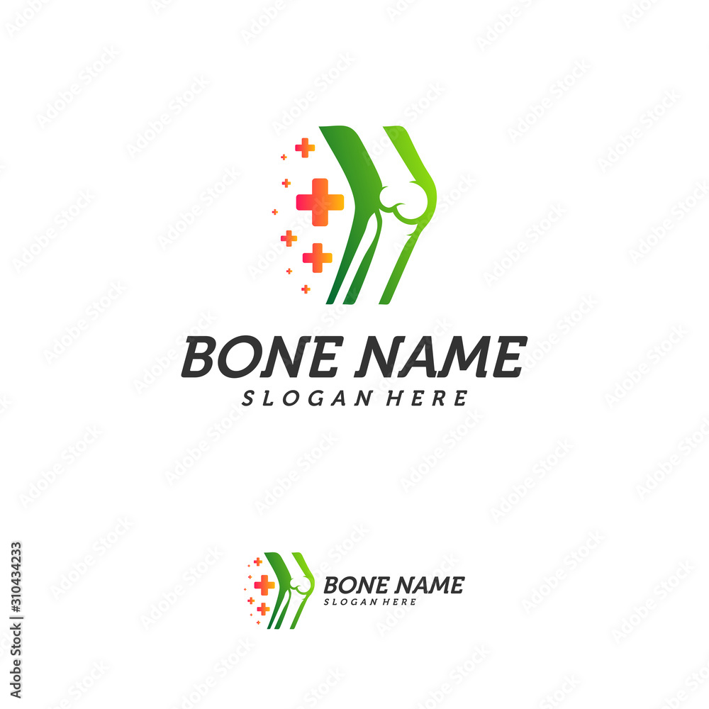 Bone Plus logo. Healthy bone Icon. Knee bones and joints care protection logo template. Medical flat logo design. Vector of human body health. Emblem symbol.