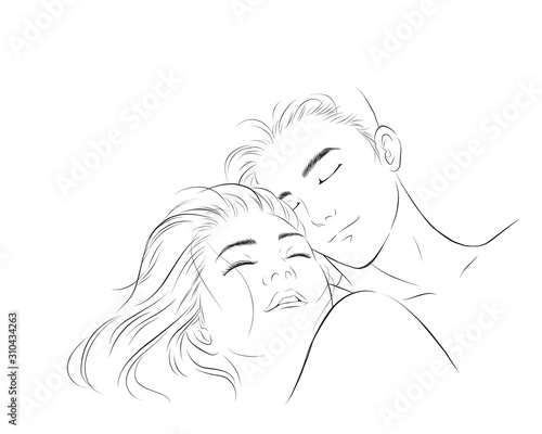 loving young couple hug lay on bed together. vector illustration isolated cartoon hand drawn