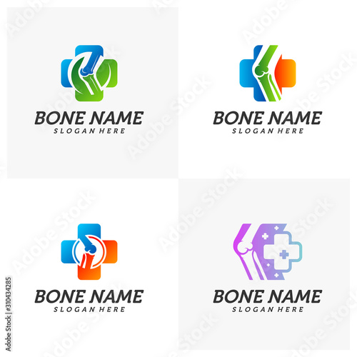 Set of Bone Plus logo. Healthy bone Icon. Knee bones and joints care protection logo template. Medical flat logo design. Vector of human body health. Emblem symbol.