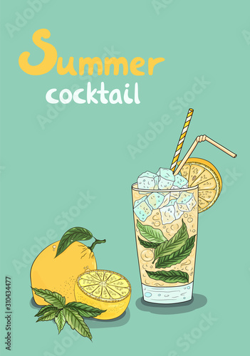Lemonade drink summer cocktail. Juicy vector illustration. Fresh summer drink. Lemon, peppermint, ice, glass of juice.