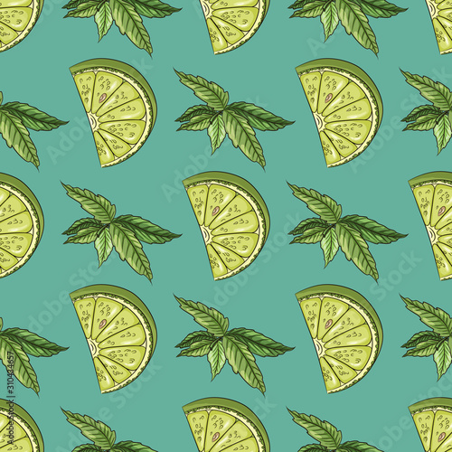 Lime and peppermint pattern.Summer fresh fruit seamless texture. Lime, peppermint on blue background.