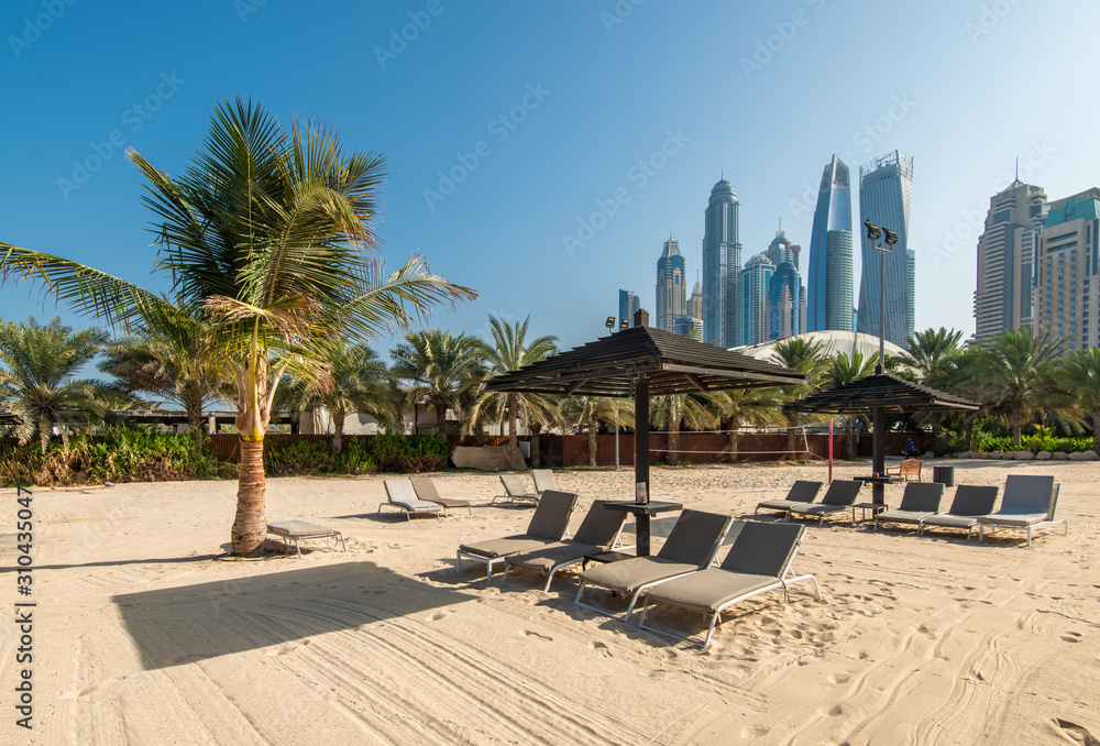 Beautiful sandy beach with palm trees and views of the skyscrapers of Dubai Marina