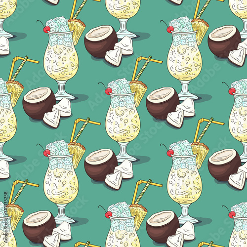 Pina colada cocktail pattern. Summer tropical fresh drink. Coconut, pineapple, ice, juice, cherry.