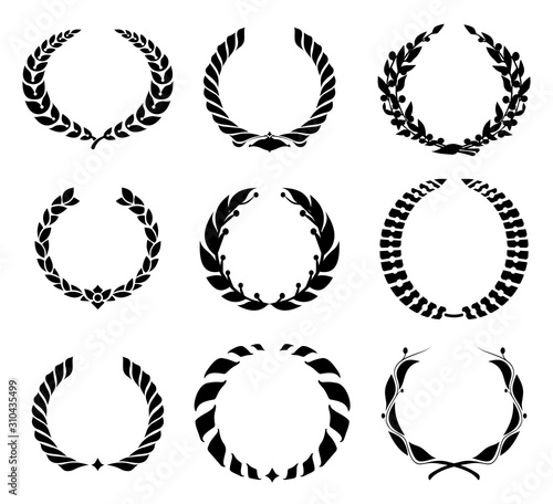 Set of various laurel wreaths. Award, achievement, victory, Gerd. Vector illustration on a white background.