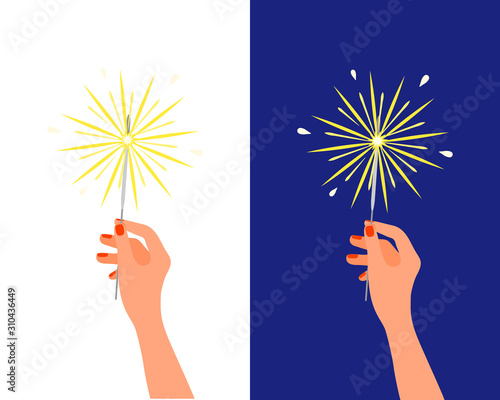 Bengal light fire sparkler in female hand. Christmas New Year Birthday firework, holiday pyrotechnics, celebration salute isolated on white background